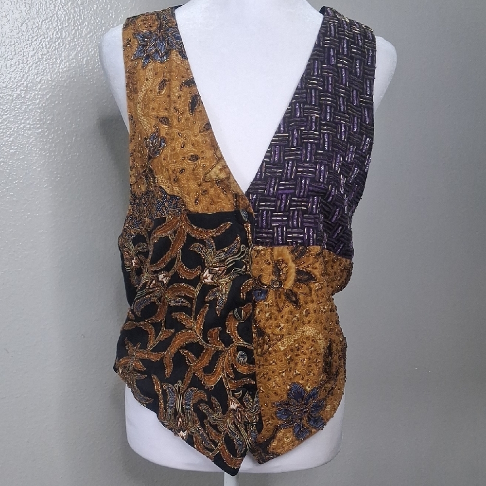 Vintage Surya 90s Vest Multi Color Beaded Sequins Embellished Floral Bohemian S